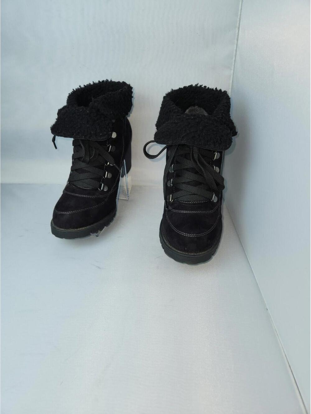 Jelly Pop Black Suede Lace-Up Ankle Boots with Faux Fur Cuff and Block Heel - Picture 8 of 14